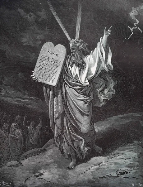 モーセはシナイから下ります ドイツのシュトゥットガルトで1870年に翻訳された第3版聖書のギュスターヴ ドーアのイラスト 原画は嘉永3年 1850年 嘉永6年 1853年 — ストック写真