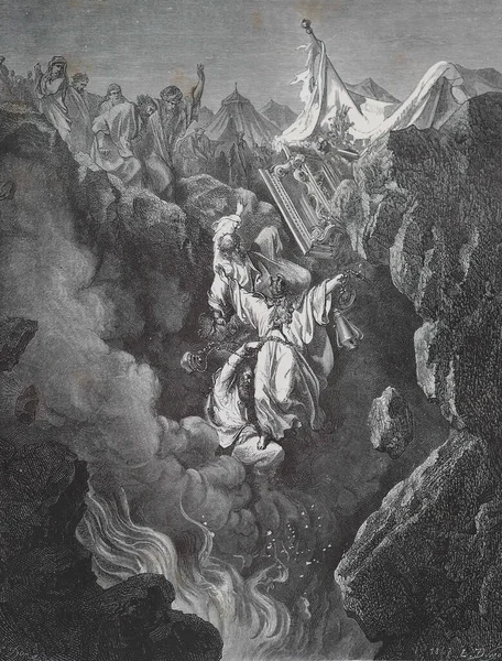 Korah ve çetesini cezalandırmak için. Illustration by Gustave Dore from the third edition of the Bible translated by Ludwig Philippson, 1870, Stuttgart, Germany. Orijinal çizimler 1850-1853 döneminde yapılmıştır..