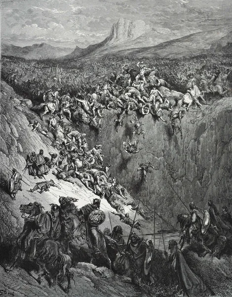 参孙打败了非利士人 古斯塔夫 多尔对 第三版的说明 由路德维格 菲力森翻译 1870年 德国斯图加特 原图是1850年至1853年期间创作的 — 图库照片