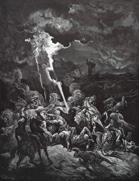 以利亚使火从天上坠落 古斯塔夫 多尔对 第三版的说明 由路德维格 菲力森翻译 1870年 德国斯图加特 原图是1850年至1853年期间创作的 — 图库照片