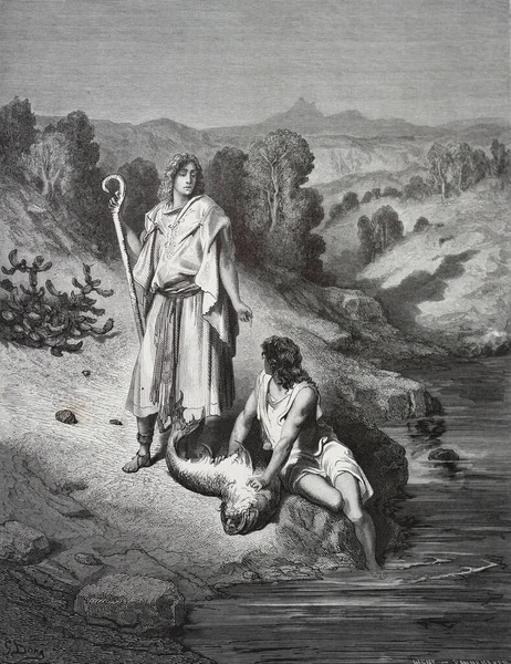 Tobias Angelo Illustrazione Gustave Dore Dalla Terza Edizione Della Bibbia — Foto Stock