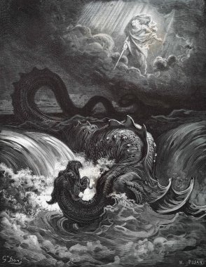 Leviathan 'ın (Yeşaya' nın Kehaneti) Girişi. Illustration by Gustave Dore from the third edition of the Bible translated by Ludwig Philippson, 1870, Stuttgart, Germany. Orijinal çizimler 1850-1853 döneminde yapılmıştır..