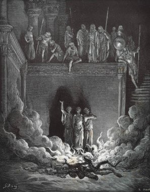 Ateş diye bağıran üç adam. Illustration by Gustave Dore from the third edition of the Bible translated by Ludwig Philippson, 1870, Stuttgart, Germany. Orijinal çizimler 1850-1853 döneminde yapılmıştır..