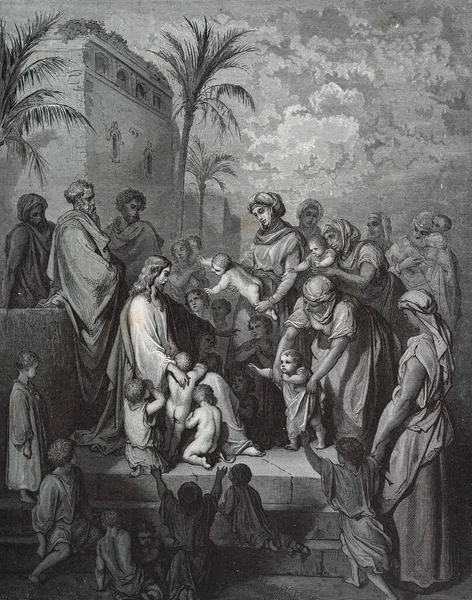 イエスと牛 ドイツのシュトゥットガルトで1870年に翻訳された第3版聖書のギュスターヴ ドーアのイラスト 原画は嘉永3年 1850年 嘉永6年 1853年 — ストック写真
