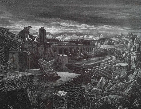 以赛亚斯看到巴比伦被毁灭在神迹Jajaias 古斯塔夫 多尔对 第三版的说明 由路德维格 菲力森翻译 1870年 德国斯图加特 原图是1850年至1853年期间创作的 — 图库照片