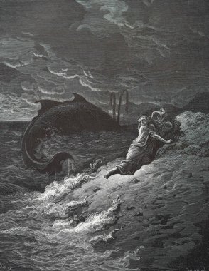 Jana (Jonas) balığı dışarı atar. Illustration by Gustave Dore from the third edition of the Bible translated by Ludwig Philippson, 1870, Stuttgart, Germany. Orijinal çizimler 1850-1853 döneminde yapılmıştır..