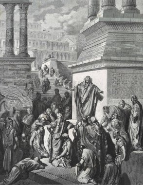 Jana (Jonas), tevbe edenlere öğüt verir. Illustration by Gustave Dore from the third edition of the Bible translated by Ludwig Philippson, 1870, Stuttgart, Germany. Orijinal çizimler 1850-1853 döneminde yapılmıştır..