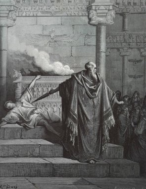 Matthatias tapınağa yapılan saygısızlığı öldürüyor. Illustration by Gustave Dore from the third edition of the Bible translated by Ludwig Philippson, 1870, Stuttgart, Germany. Orijinal çizimler 1850-1853 döneminde yapılmıştır..