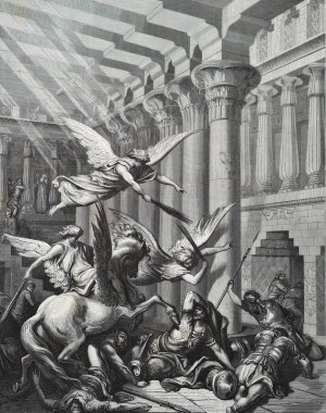 Heliodorus 'un atılması. Illustration by Gustave Dore from the third edition of the Bible translated by Ludwig Philippson, 1870, Stuttgart, Germany. Orijinal çizimler 1850-1853 döneminde yapılmıştır..