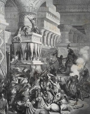 Jonathan (Jonathanlar) Ejderha Tapınağı 'nı yok edin. Illustration by Gustave Dore from the third edition of the Bible translated by Ludwig Philippson, 1870, Stuttgart, Germany. Orijinal çizimler 1850-1853 döneminde yapılmıştır..