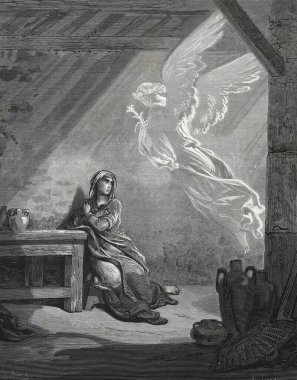Mary 'nin duyurusu. Illustration by Gustave Dore from the third edition of the Bible translated by Ludwig Philippson, 1870, Stuttgart, Germany. Orijinal çizimler 1850-1853 döneminde yapılmıştır..