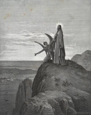İsa 'yı şeytan arıyor. Illustration by Gustave Dore from the third edition of the Bible translated by Ludwig Philippson, 1870, Stuttgart, Germany. Orijinal çizimler 1850-1853 döneminde yapılmıştır..