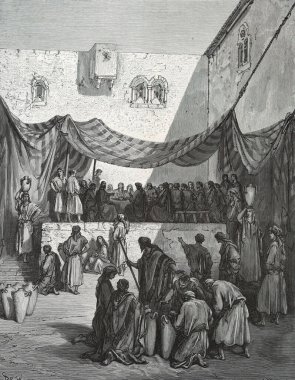 Kano 'daki düğün. Illustration by Gustave Dore from the third edition of the Bible translated by Ludwig Philippson, 1870, Stuttgart, Germany. Orijinal çizimler 1850-1853 döneminde yapılmıştır..