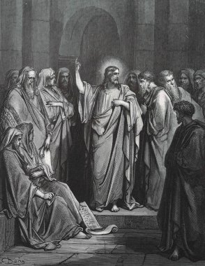 Sinagogdaki İsa. Illustration by Gustave Dore from the third edition of the Bible translated by Ludwig Philippson, 1870, Stuttgart, Germany. Orijinal çizimler 1850-1853 döneminde yapılmıştır..