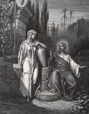 İsa ve yardımsever kadın. Illustration by Gustave Dore from the third edition of the Bible translated by Ludwig Philippson, 1870, Stuttgart, Germany. Orijinal çizimler 1850-1853 döneminde yapılmıştır..