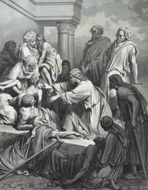 İsa hastaları iyileştirir. Illustration by Gustave Dore from the third edition of the Bible translated by Ludwig Philippson, 1870, Stuttgart, Germany. Orijinal çizimler 1850-1853 döneminde yapılmıştır..