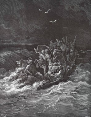İsa fırtınayı arttırır. Illustration by Gustave Dore from the third edition of the Bible translated by Ludwig Philippson, 1870, Stuttgart, Germany. Orijinal çizimler 1850-1853 döneminde yapılmıştır..