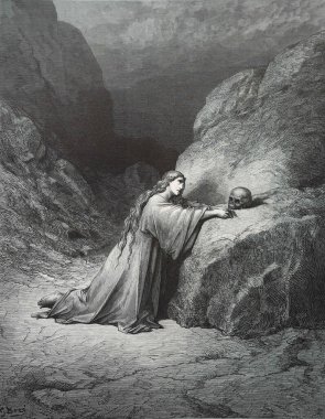 Magdalalı Meryem. Illustration by Gustave Dore from the third edition of the Bible translated by Ludwig Philippson, 1870, Stuttgart, Germany. Orijinal çizimler 1850-1853 döneminde yapılmıştır..
