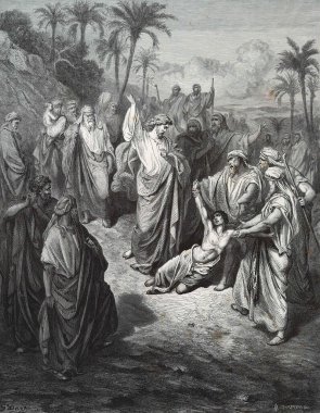 İsa bir iblisi iyileştirir. Illustration by Gustave Dore from the third edition of the Bible translated by Ludwig Philippson, 1870, Stuttgart, Germany. Orijinal çizimler 1850-1853 döneminde yapılmıştır..