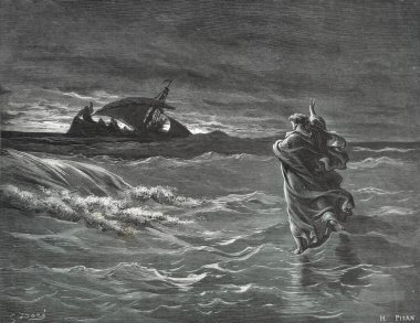 Denizdeki İsa. Illustration by Gustave Dore from the third edition of the Bible translated by Ludwig Philippson, 1870, Stuttgart, Germany. Orijinal çizimler 1850-1853 döneminde yapılmıştır..