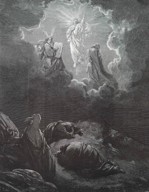 İsa 'nın Dönüşümü. Illustration by Gustave Dore from the third edition of the Bible translated by Ludwig Philippson, 1870, Stuttgart, Germany. Orijinal çizimler 1850-1853 döneminde yapılmıştır..