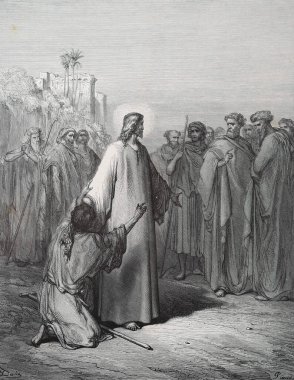 Ay Çarpması 'nı iyileştirmek. Illustration by Gustave Dore from the third edition of the Bible translated by Ludwig Philippson, 1870, Stuttgart, Germany. Orijinal çizimler 1850-1853 döneminde yapılmıştır..