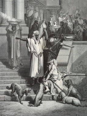Lazarus ve zengin adam. Illustration by Gustave Dore from the third edition of the Bible translated by Ludwig Philippson, 1870, Stuttgart, Germany. Orijinal çizimler 1850-1853 döneminde yapılmıştır..