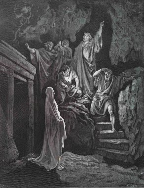 Lazarus 'un dirilişi. Illustration by Gustave Dore from the third edition of the Bible translated by Ludwig Philippson, 1870, Stuttgart, Germany. Orijinal çizimler 1850-1853 döneminde yapılmıştır..