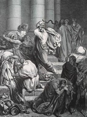 İsa tapınağı temizler. Illustration by Gustave Dore from the third edition of the Bible translated by Ludwig Philippson, 1870, Stuttgart, Germany. Orijinal çizimler 1850-1853 döneminde yapılmıştır..