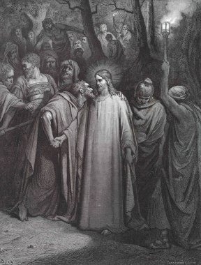Yahuda 'ya ihanet. Illustration by Gustave Dore from the third edition of the Bible translated by Ludwig Philippson, 1870, Stuttgart, Germany. Orijinal çizimler 1850-1853 döneminde yapılmıştır..