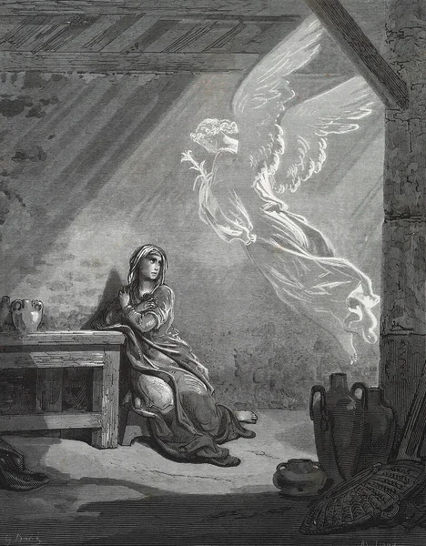 Mary 'nin duyurusu. Illustration by Gustave Dore from the third edition of the Bible translated by Ludwig Philippson, 1870, Stuttgart, Germany. Orijinal çizimler 1850-1853 döneminde yapılmıştır..