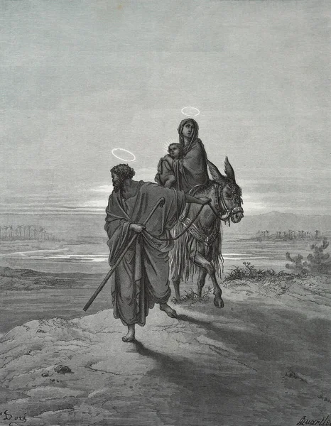 エジプト行きの便だ ドイツのシュトゥットガルトで1870年に翻訳された第3版聖書のギュスターヴ ドーアのイラスト 原画は嘉永3年 1850年 嘉永6年 1853年 — ストック写真