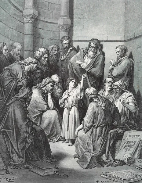 神殿のイエス ドイツのシュトゥットガルトで1870年に翻訳された第3版聖書のギュスターヴ ドーアのイラスト 原画は嘉永3年 1850年 嘉永6年 1853年 — ストック写真