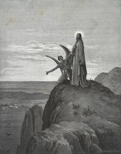 Jesus Being Sought Out Devil Иллюстрация Густава Дора Третьего Издания — стоковое фото