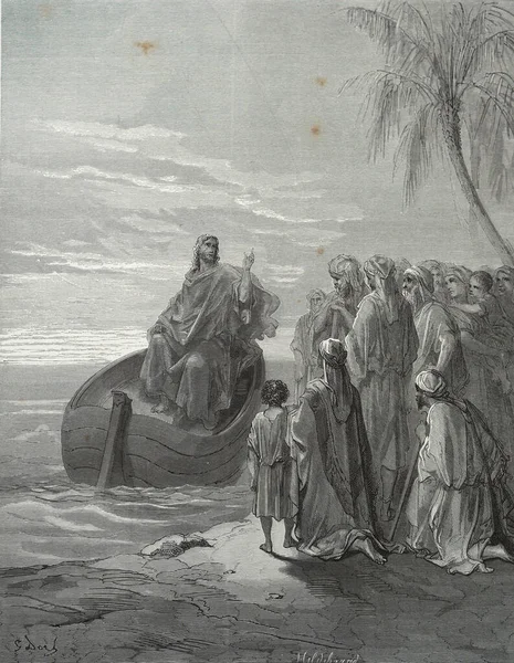 Jesus Preaches Sea Galilee Illustration Gustave Dore Third Edition Bible — Stock Photo, Image