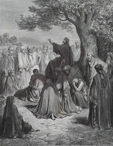 İsa kalabalığa vaaz verir. Illustration by Gustave Dore from the third edition of the Bible translated by Ludwig Philippson, 1870, Stuttgart, Germany. Orijinal çizimler 1850-1853 döneminde yapılmıştır..