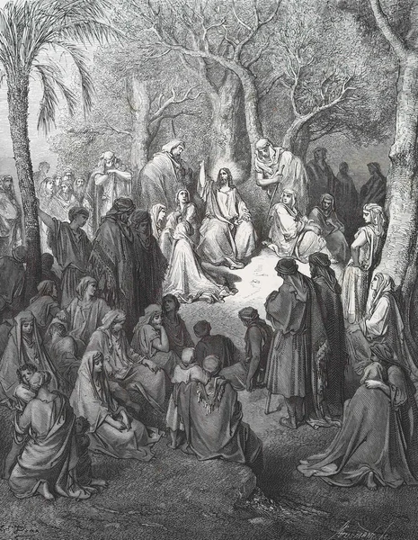 山の上の説教 ドイツのシュトゥットガルトで1870年に翻訳された第3版聖書のギュスターヴ ドーアのイラスト 原画は嘉永3年 1850年 嘉永6年 1853年 — ストック写真