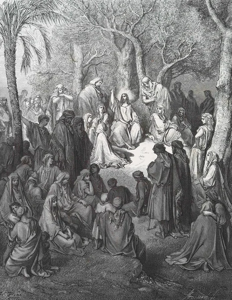 Vaaz dağda. Illustration by Gustave Dore from the third edition of the Bible translated by Ludwig Philippson, 1870, Stuttgart, Germany. Orijinal çizimler 1850-1853 döneminde yapılmıştır..