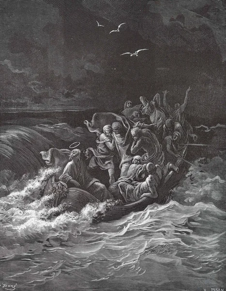 Jezus Nasila Burzę Ilustracja Gustave Dore Trzeciego Wydania Biblii Przetłumaczonego — Zdjęcie stockowe