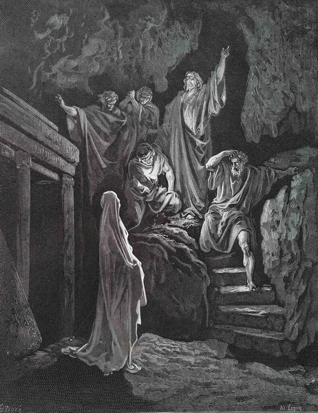 Lazarus 'un dirilişi. Illustration by Gustave Dore from the third edition of the Bible translated by Ludwig Philippson, 1870, Stuttgart, Germany. Orijinal çizimler 1850-1853 döneminde yapılmıştır..