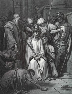 Dikenli tacı olan İsa. Illustration by Gustave Dore from the third edition of the Bible translated by Ludwig Philippson, 1870, Stuttgart, Germany. Orijinal çizimler 1850-1853 döneminde yapılmıştır..
