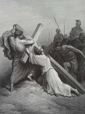 İsa tacın altına yenik düşer. Illustration by Gustave Dore from the third edition of the Bible translated by Ludwig Philippson, 1870, Stuttgart, Germany. Orijinal çizimler 1850-1853 döneminde yapılmıştır..