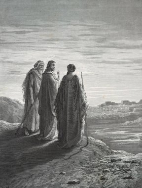 İsa ve Havariler Emmaus 'a gidiyor. Illustration by Gustave Dore from the third edition of the Bible translated by Ludwig Philippson, 1870, Stuttgart, Germany. Orijinal çizimler 1850-1853 döneminde yapılmıştır..