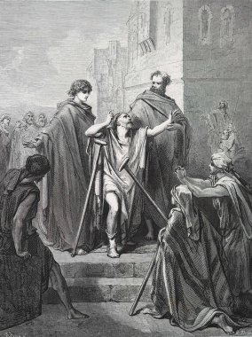 Aziz Peter ve Aziz John Güzel Kapı 'da. Illustration by Gustave Dore from the third edition of the Bible translated by Ludwig Philippson, 1870, Stuttgart, Germany. Orijinal çizimler 1850-1853 döneminde yapılmıştır..