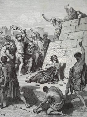 Aziz Stephen 'ın şehitliği. Illustration by Gustave Dore from the third edition of the Bible translated by Ludwig Philippson, 1870, Stuttgart, Germany. Orijinal çizimler 1850-1853 döneminde yapılmıştır..