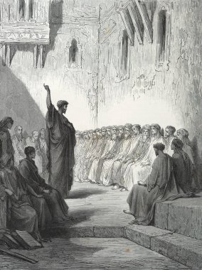 Aziz Paul Selaniklilere vaaz veriyor. Illustration by Gustave Dore from the third edition of the Bible translated by Ludwig Philippson, 1870, Stuttgart, Germany. Orijinal çizimler 1850-1853 döneminde yapılmıştır..