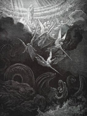 Taç giymiş bakire John 'un bir görüntüsü. Illustration by Gustave Dore from the third edition of the Bible translated by Ludwig Philippson, 1870, Stuttgart, Germany. Orijinal çizimler 1850-1853 döneminde yapılmıştır..