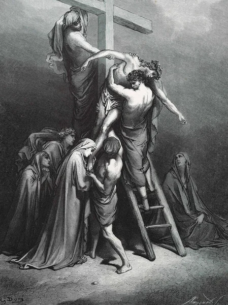 Zejście Krzyża Ilustracja Gustave Dore Trzeciego Wydania Biblii Przetłumaczonego Przez — Zdjęcie stockowe