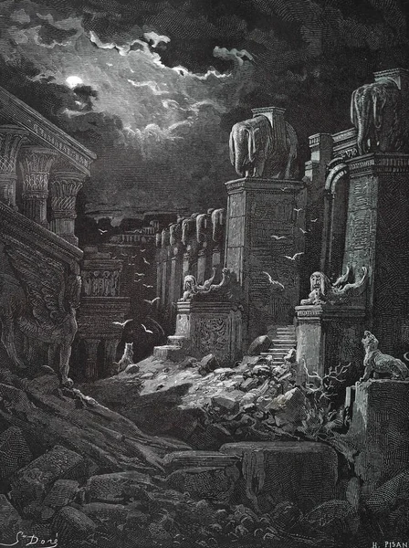 バビロンが倒れた ドイツのシュトゥットガルトで1870年に翻訳された第3版聖書のギュスターヴ ドーアのイラスト 原画は嘉永3年 1850年 嘉永6年 1853年 — ストック写真