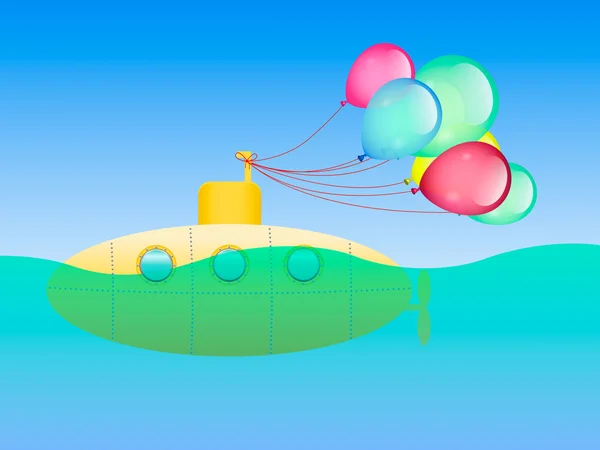 Yellow submarine and festive balloons — Stock Vector